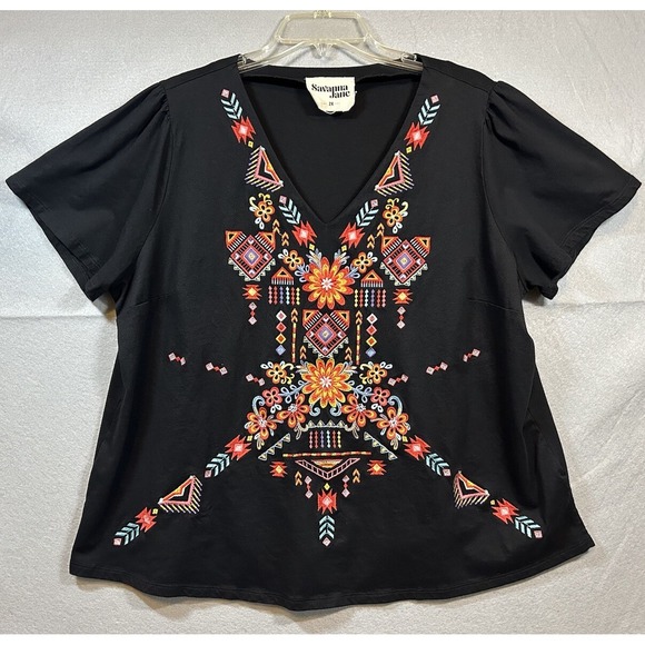Savanna Jane Tops - Savanna Jane Embroidered Top Sz 2XL Boho Floral Aztec V-Neck Short Sleeve Black